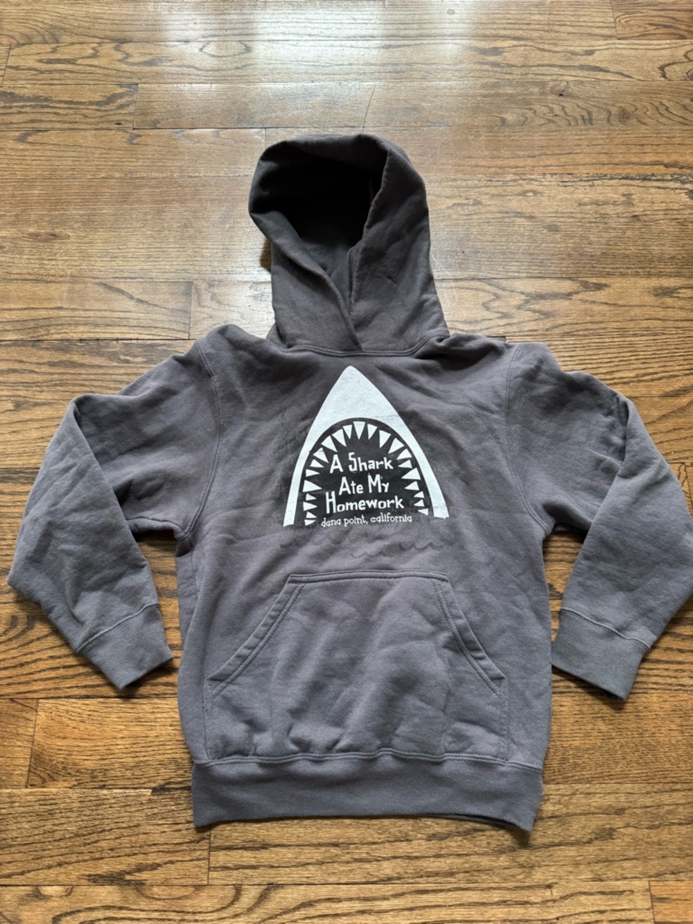 “A Shark Ate My Homework” Hoodie Gray Graphic Pullover Youth Size 8